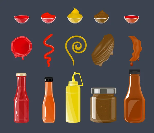 Set Plano Con Botellas Tiras Salsa Tomate Mostaza Chili Bbq — Archivo Imágenes Vectoriales