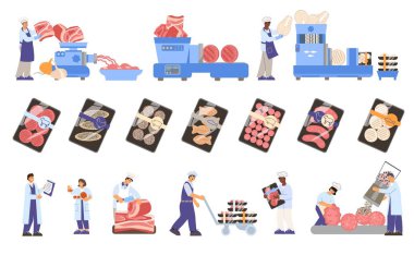 Yarı bitmiş ürünler, endüstriyel makinelerin izole görüntüleriyle düz sette karakterleri ve paketlenmiş gıda vektörü resimlerini pişirir