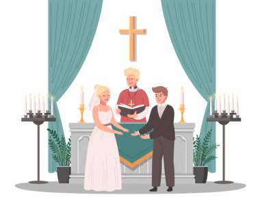 Papazın düğün töreni vektör illüstrasyonunu yaptığı Hristiyan kilise karikatürü sahnesi