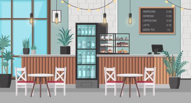 Kafe mobilyaları ve şişe buzdolabı vektör illüstrasyonlu restoran iç karikatürü