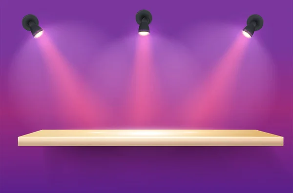 Empty Shelf Purple Wall Illuminated Three Spotlights Realistic Vector Illustration — Stock Vector