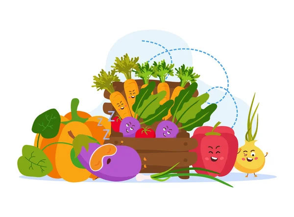 蔬菜扁平有机构图由球状洋葱胡萝卜番茄南瓜胡椒载体的笑卡通人物组成 — 图库矢量图片