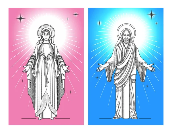 Jesus Virgin Mary Set Two Vertical Posters Shining Saints Monochrome — Stock Vector