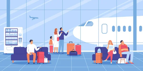 Personnes Avec Bagages Attendant Regardant Les Avions Dans Salon Départ — Image vectorielle