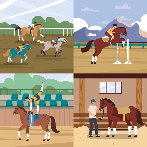 Cavalo Esporte Plana 2X2 Conjunto Com Pessoas Que Cuidam Animais —  Vetores de Stock