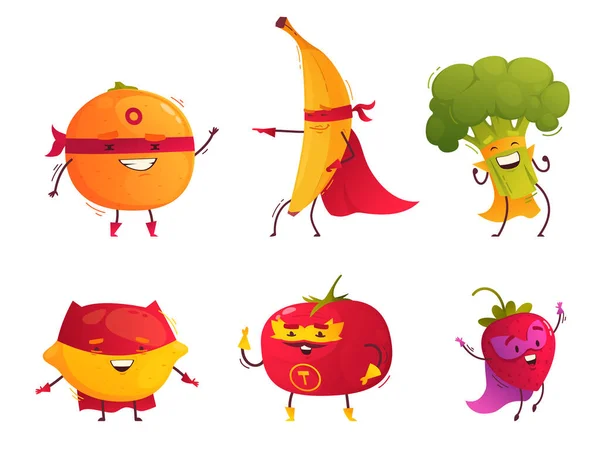 Εικονίδια Κινουμένων Σχεδίων Superhero Που Αστεία Φρούτα Και Λαχανικά Κοστούμια — Διανυσματικό Αρχείο