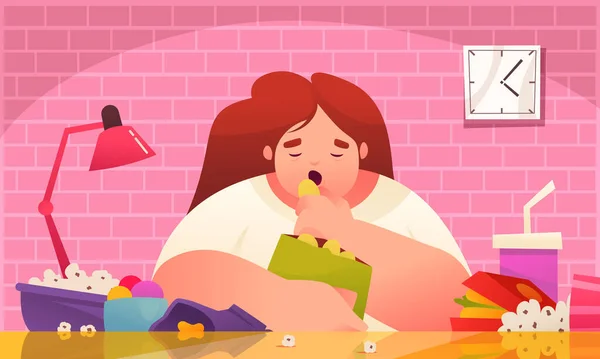 Verslaafde Mensen Cartoon Compositie Met Jonge Vrouw Overeten Junk Food — Stockvector