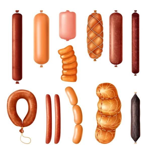 Realistic Sausage Set Isolated Images Various Products Made Processed Meat — Stock Vector