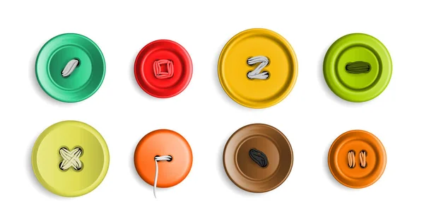 Realista Costura Botones Ropa Icono Establecer Botones Diferentes Colores Cosidos — Vector de stock