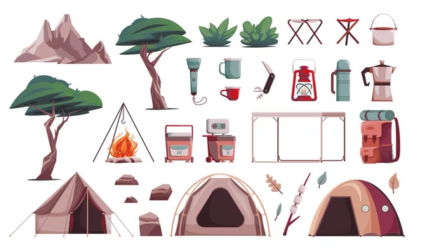 Camping Senderismo Icono Conjunto Montañas Árboles Linterna Tiendas Fogata Otras — Vector de stock