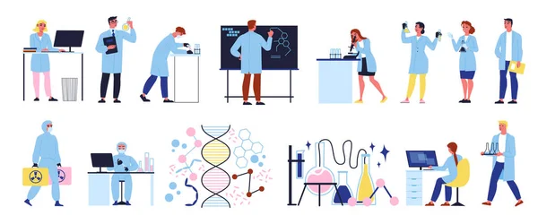 Iconos Planos Laboratorio Científico Establecidos Con Científicos Experimentos Uniformes Haciendo — Archivo Imágenes Vectoriales