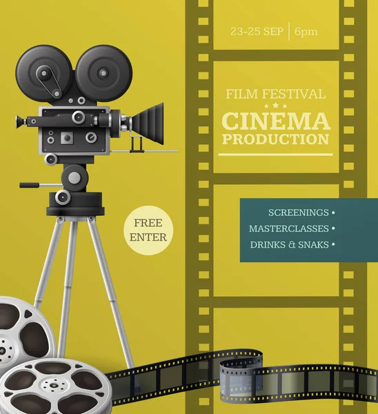 映画祭の垂直ポスターテンプレートビデオカメラリールとテープの色の背景現実的なベクトルイラスト — ストックベクタ