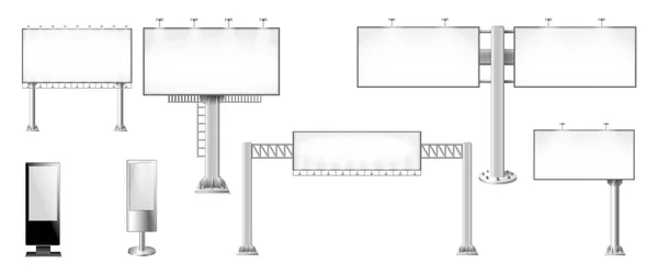 Set Realistico Pali Metallici Con Cartelloni Pubblicitari Bianco Illustrazione Vettoriale — Vettoriale Stock