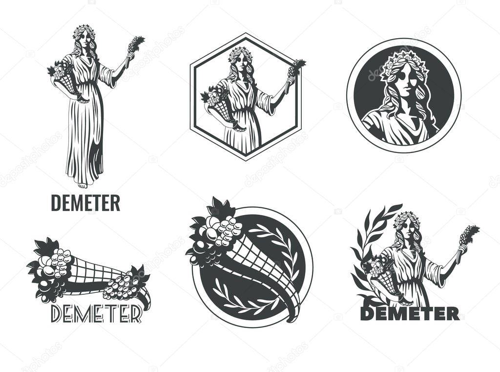 Demeter ancient greek olympian goddess flat black and white emblems set isolated vector illustration