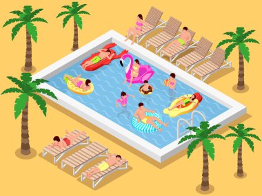 Şişme oyuncaklar eşölçülü kompozisyon kullanan insanlar plaj manzaralı şezlonglar ve havuz vektörü çizimlerinde yüzen insanlar.