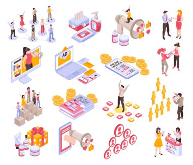Farklı online reklam kanalları izole edilmiş vektör illüstrasyonuna sahip Isometric ağ pazarlama simgeleri