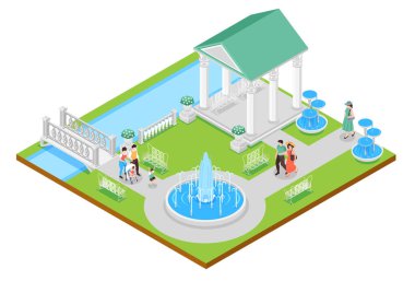Fıskiyelerin ve nehir vektör illüstrasyonunun etrafında yürüyen insanların olduğu Isometric park kavramı