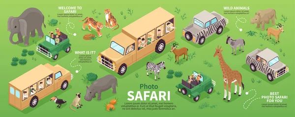 Isomric Photo Safari Concept Con Persone Che Viaggiano Savana Selvatica — Vettoriale Stock
