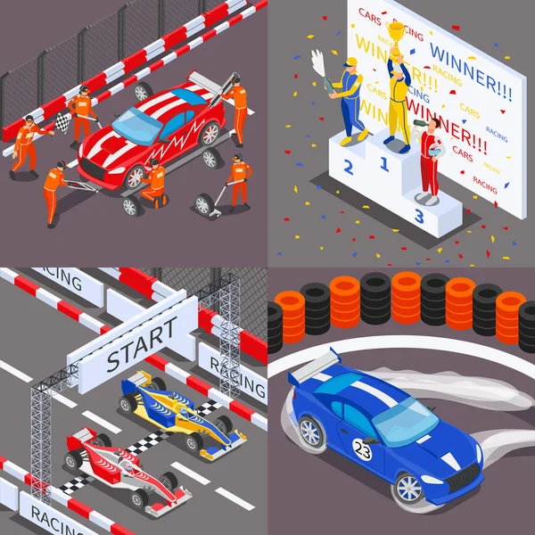 Racing Set Isometrico Con Quattro Composizioni Quadrate Momenti Gara Visualizzazioni — Vettoriale Stock