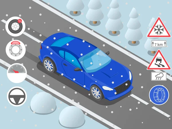 Hiver Voiture Conduite Accident Dérive Infographie Isométrique Avec Vue Sur — Image vectorielle