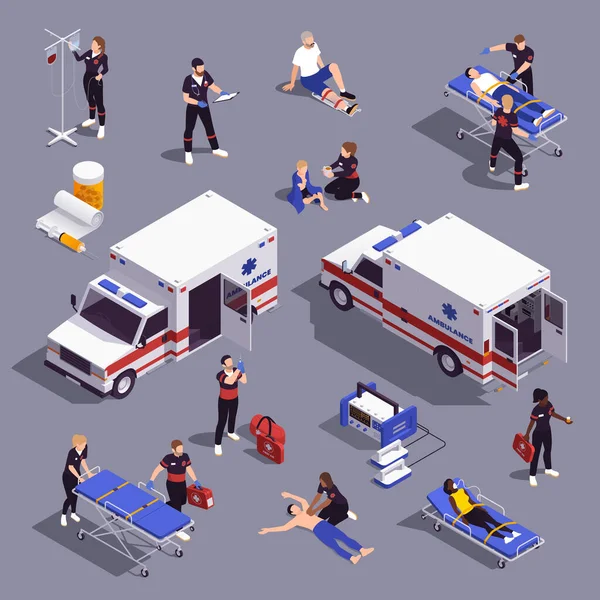 Ambulance Erste Hilfe Sanitäter Isometrisches Set Mit Isolierten Bildern Von — Stockvektor