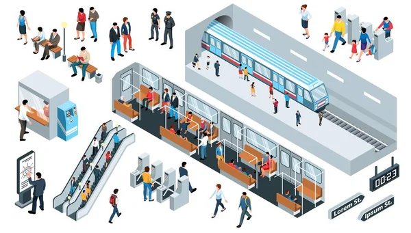 Izometrikus Metró Ikonok Földönkívüli Utasokkal Vonatokkal Elszigetelt Vektor Illusztrációval — Stock Vector