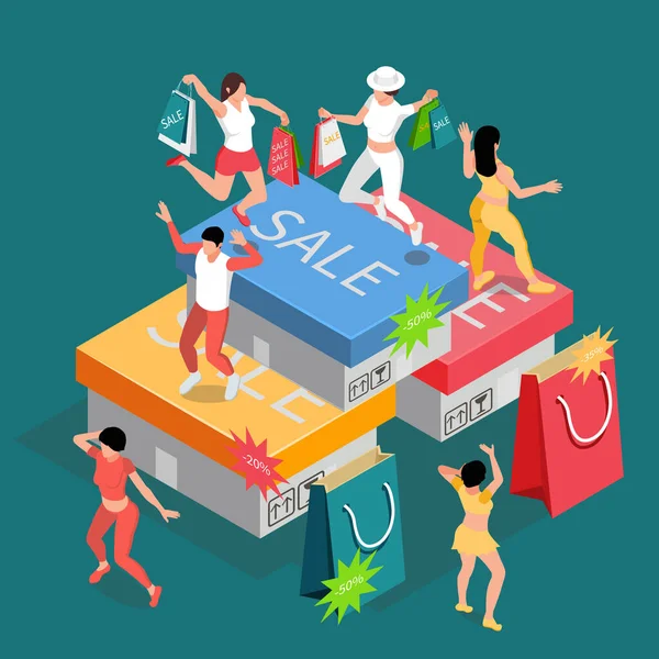购物者等量组成与成堆的销售箱购物袋与跳舞的人在顶部矢量插图 — 图库矢量图片