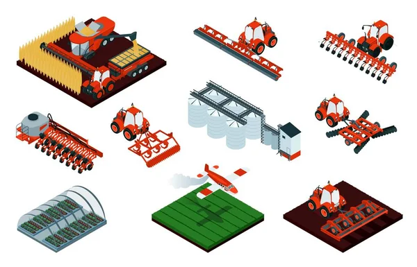 Maquinaria Agrícola Conjunto Color Isométrico Cultivador Arado Grada Sembradora Rodillos — Vector de stock