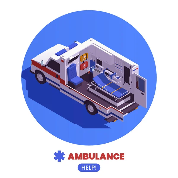 Ambulancia Ayuda Fondo Redondo Ilustrado Vehículo Moderno Primeros Auxilios Corte — Vector de stock