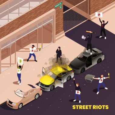 Sokak şiddetinin izometrik arka planında, posterleri yanan protestocular ve ellerinde yarasa ve molotof kokteyli illüstrasyonları olan siyah maskeli saldırgan insanlar var.