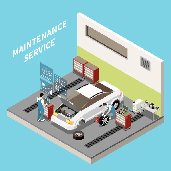 Serviço Manutenção Para Veículos Elétricos Fundo Isométrico Trabalhadores Profissionais Ilustrados — Vetor de Stock