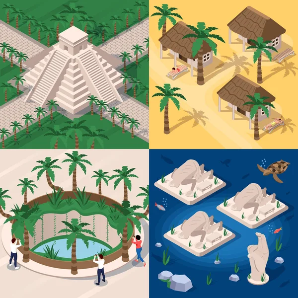 Conjunto Con Yucatán Viajes Isométricos 2X2 Composiciones Con Vistas Lugares — Vector de stock