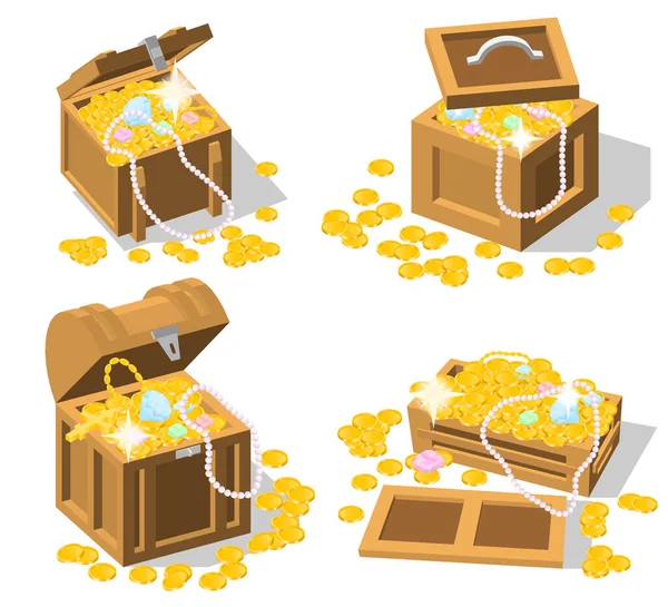 Boxes Set Colorful Images Vintage Wooden Treasure Chests Filled Jewels — Stock Vector
