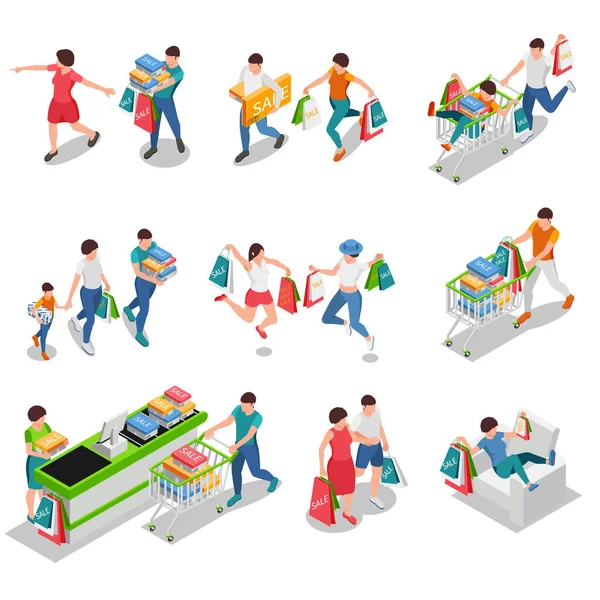 Shopping People Isometric Set Isolated Human Characters Adults Children Family — Stock Vector