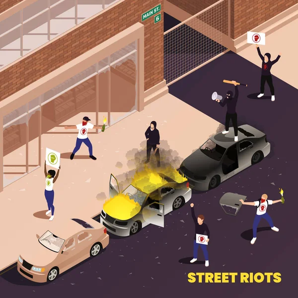 Street Våld Isometrisk Bakgrund Med Demonstranter Med Affischer Brinnande Bil — Stock vektor