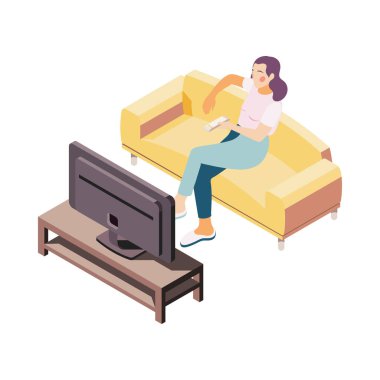 Kanepede televizyon izleyen Isome 'lı kadın 3 boyutlu vektör illüstrasyonu.