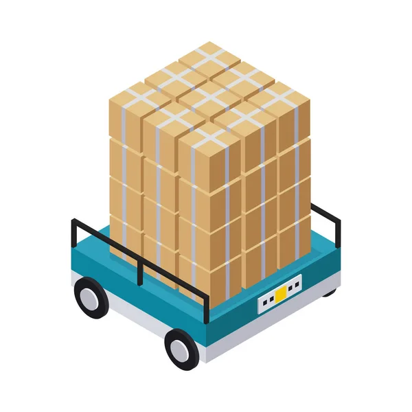 Isometric Smart Industry Icon Robotic Trolley Carrying Stack Cardboard Boxes — Stock Vector