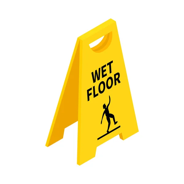 Wet Floor Yellow Caution Sign White Background Isometric Vector Illustration — Stock Vector