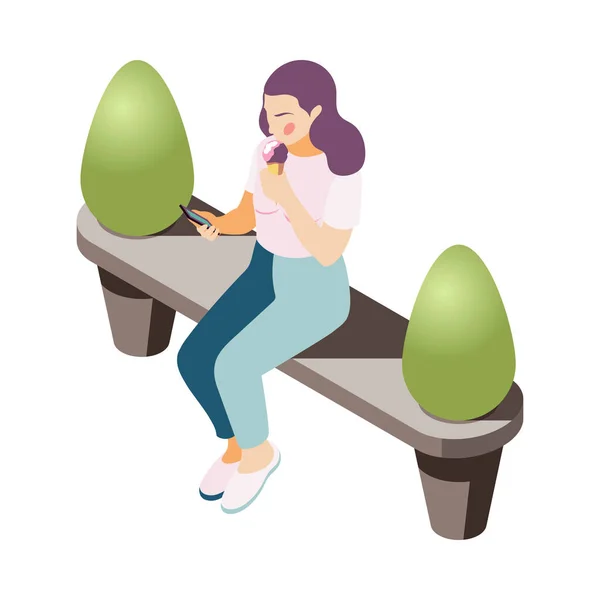 Wanita Makan Krim Dan Menggunakan Smartphone Bangku Taman Isometric Vektor - Stok Vektor