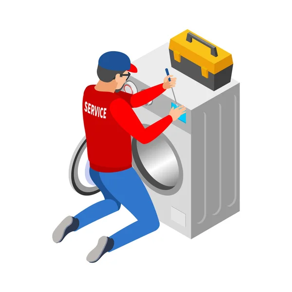 Ισομετρική Επισκευή Serviceman Πλυντήριο Διανυσματική Απεικόνιση — Διανυσματικό Αρχείο