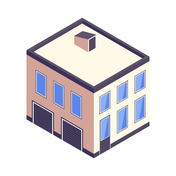 Isométrico Edificio Urbano Con Dos Puertas Garaje Vector Ilustración — Vector de stock
