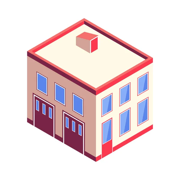Isométrico Edificio Urbano Baja Altura Exterior Vector Ilustración — Vector de stock