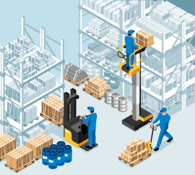 Isometric depo içi işçilerin kutuları forklift vektör illüstrasyonuyla doldurduğu