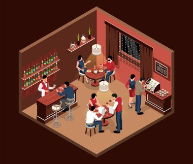 Isometric restoran konsepti, insanların rahat bir iç mekan çiziminde akşam yemeği yemesi.