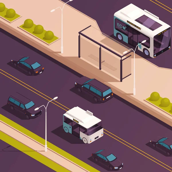 Βιώσιμες Δημόσιες Συγκοινωνίες Ισομετρική Έννοια Eco Electic Bus Στο Δρόμο — Διανυσματικό Αρχείο