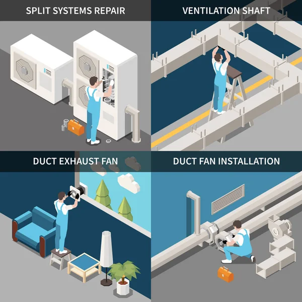 Luftreinigung 2X2 Designkonzept Set Mit Arbeitern Die Ein Gespaltenes Lüftungssystem — Stockvektor