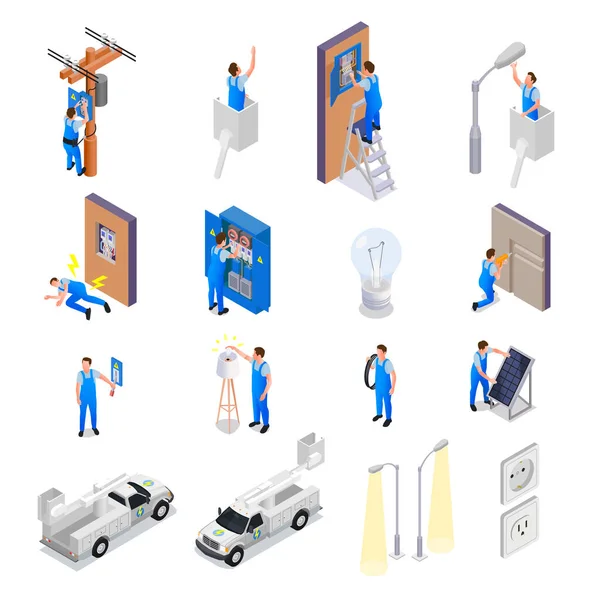 Electrician Isometric Set Technicians Working Street Lighting Devices Solar Panels — Stock Vector