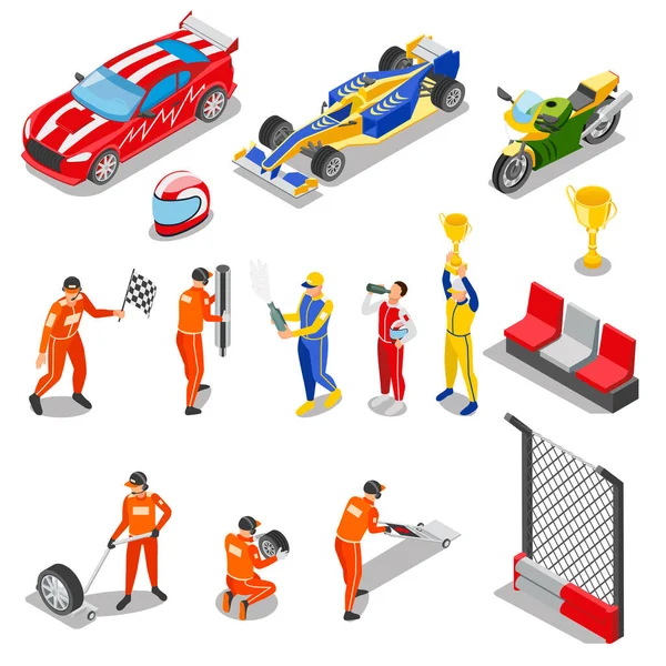 Racing Isometric Set Isolated Icons Cars Motorcycle Human Charcters Drivers — Stock Vector