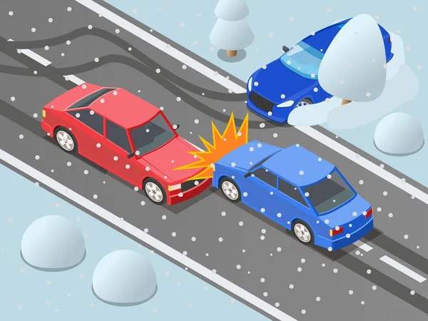 Zima Jazdy Samochód Dryf Wypadku Izometryczny Skład Widokiem Śnieżną Autostradę — Wektor stockowy
