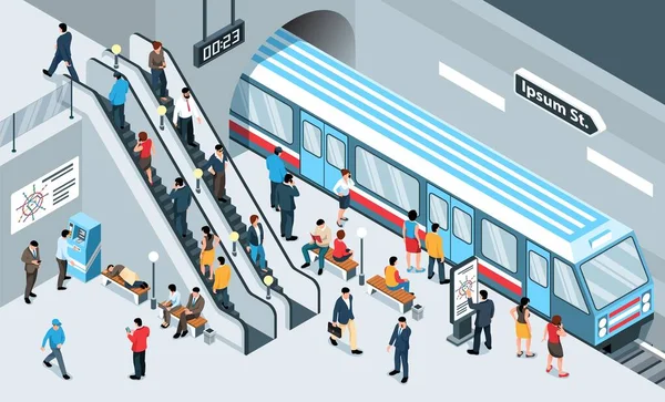 地下のプラットフォームのベクトル図上の人々と等角線地下鉄の概念 — ストックベクタ